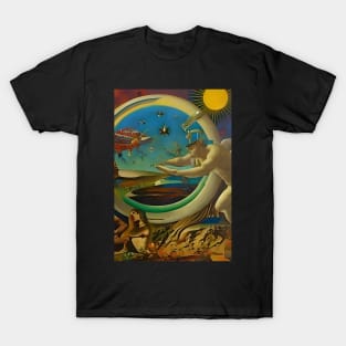 Surrealist painting like digital art of a futuristic scene, angel, sun, stars, and planes T-Shirt